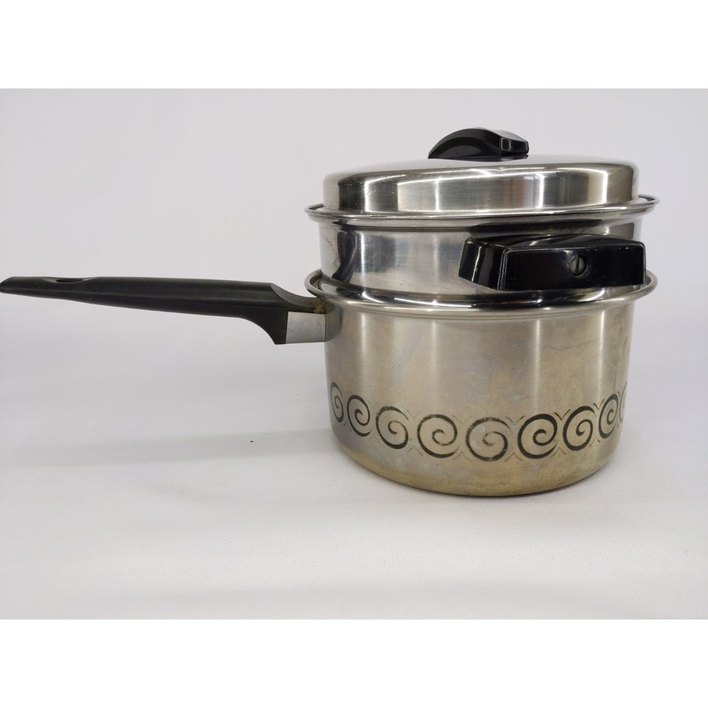 VTG Ecko Stainless Steel Double Boiler w Lid‎ Black Handles Swirl Design 2qt